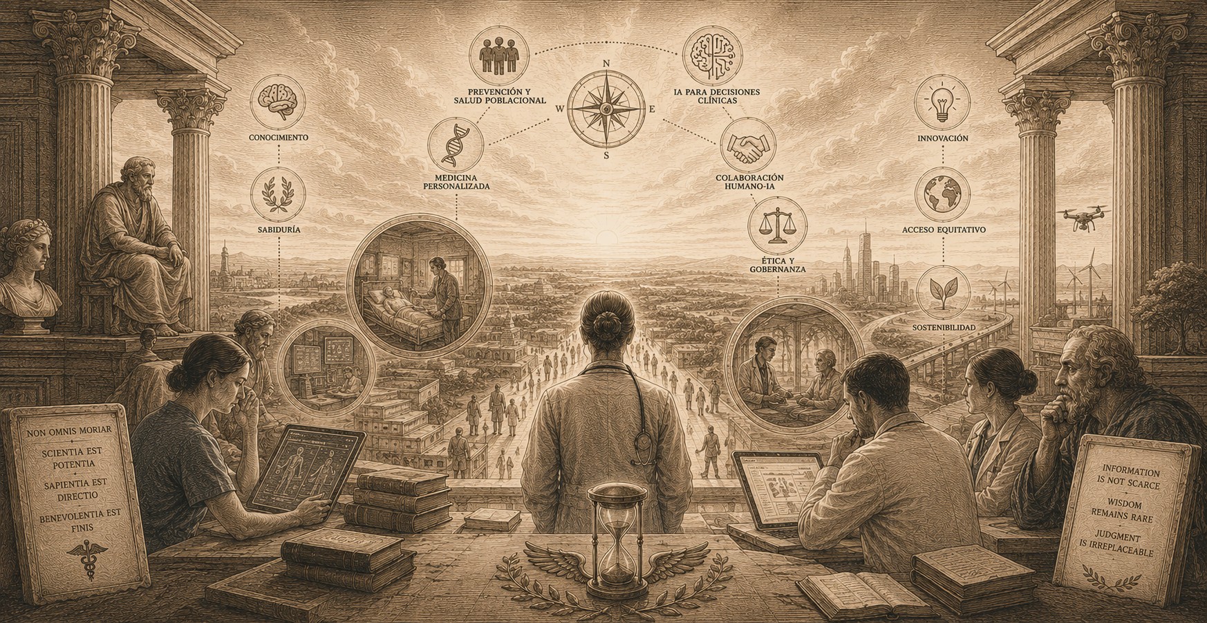 Editorial illustration about the future of medicine, artificial intelligence, and clinical judgment