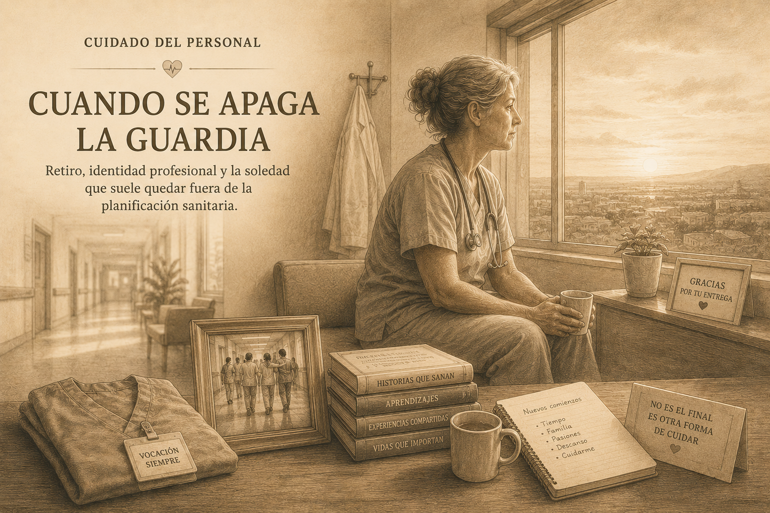Editorial illustration about healthcare retirement, professional identity, and loneliness
