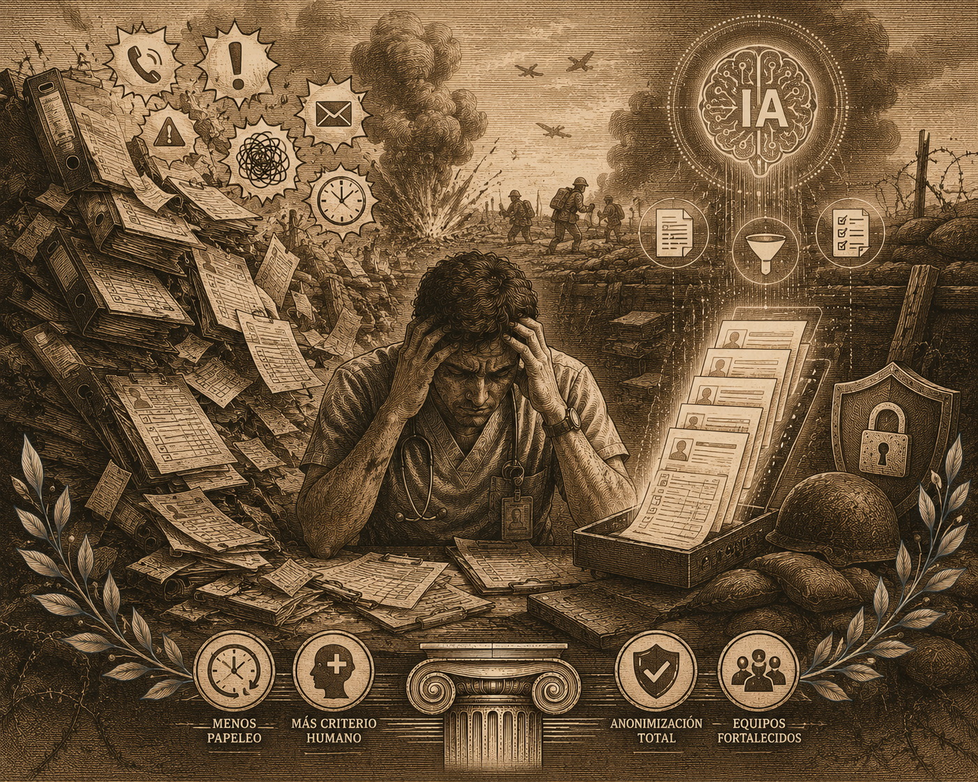 Ilustración editorial sobre inteligencia artificial en el trabajo sanitario real