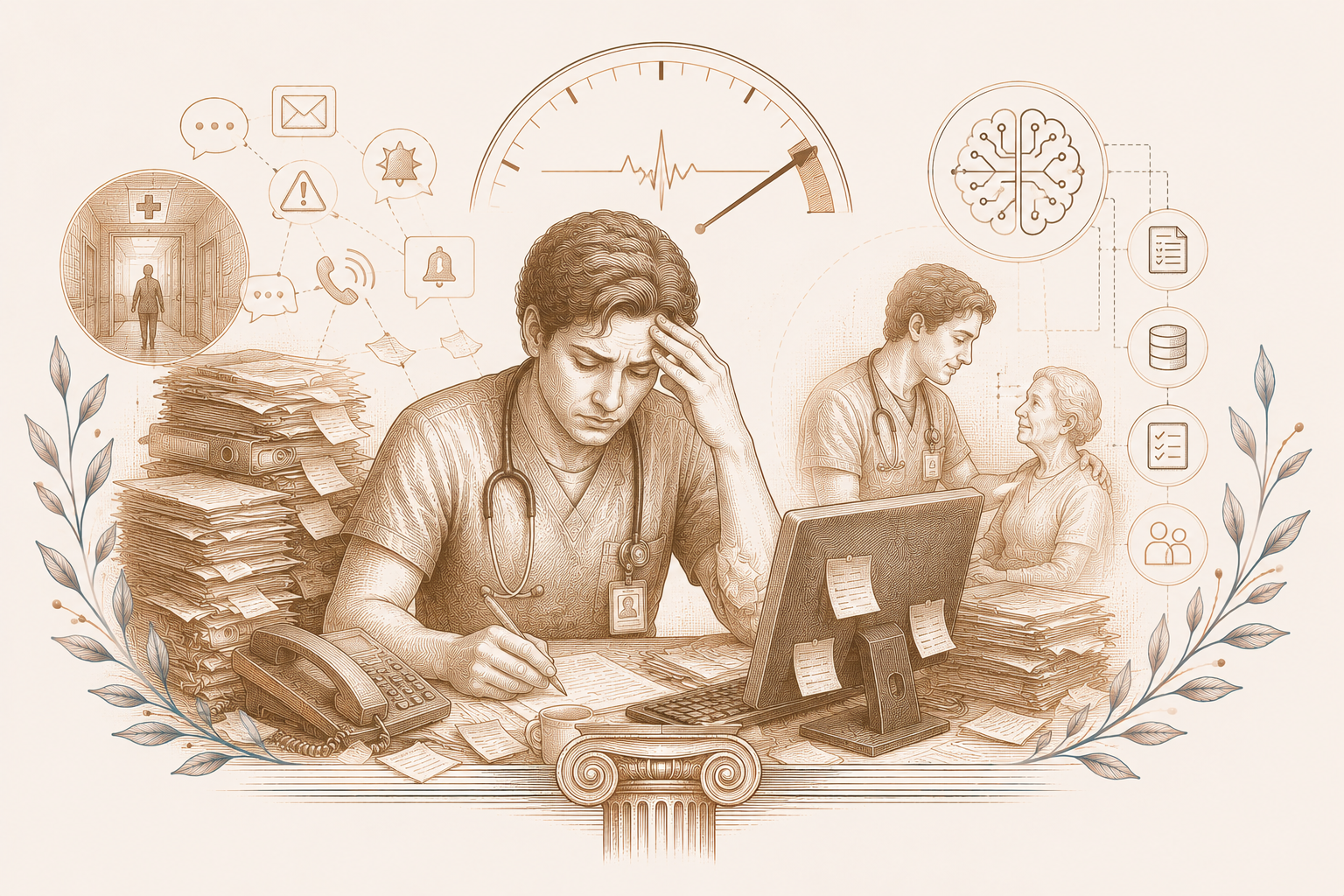 Editorial illustration about bureaucratic overload and artificial intelligence in healthcare
