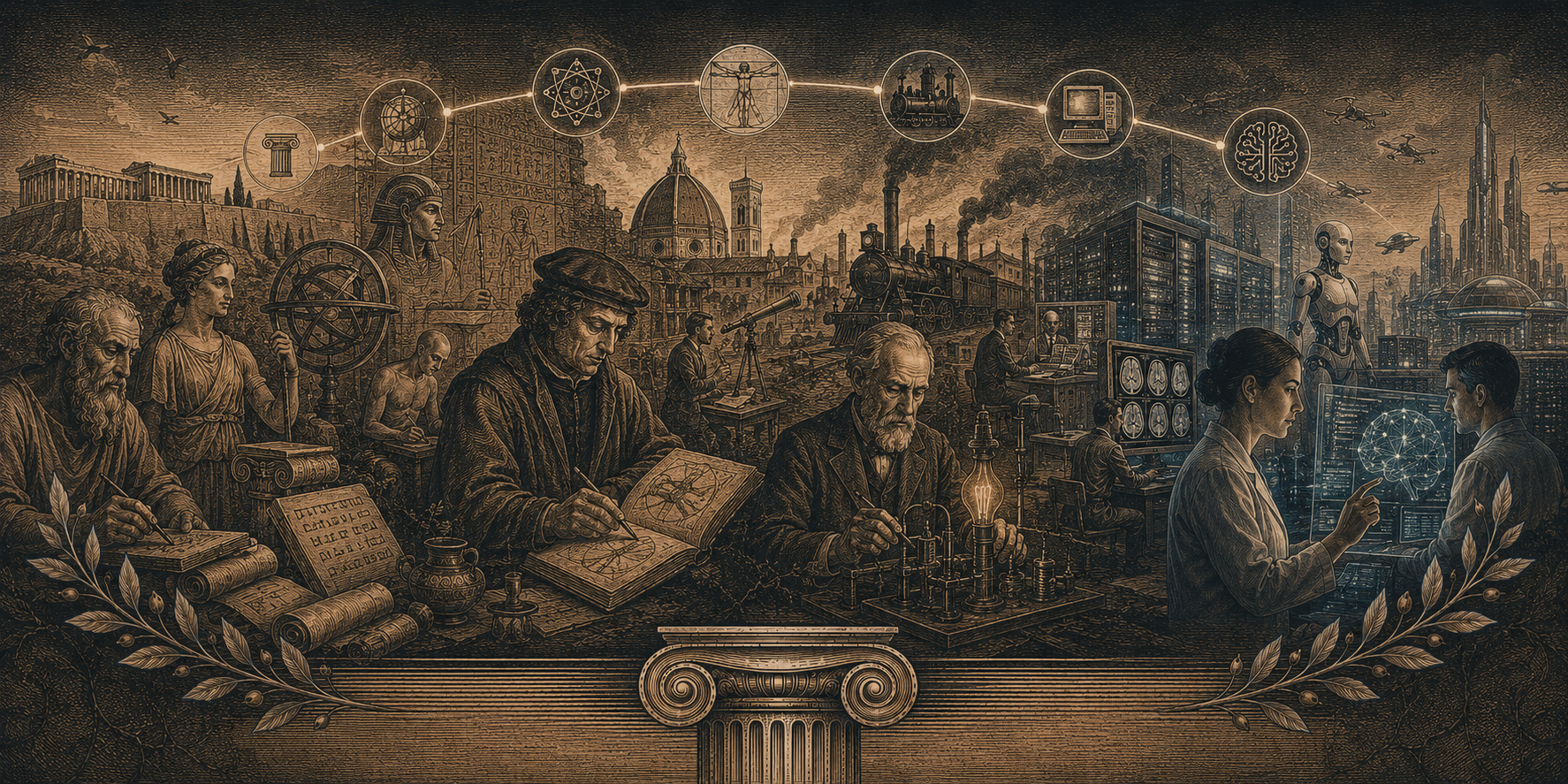 Editorial illustration about the history of artificial intelligence, machines, and thought