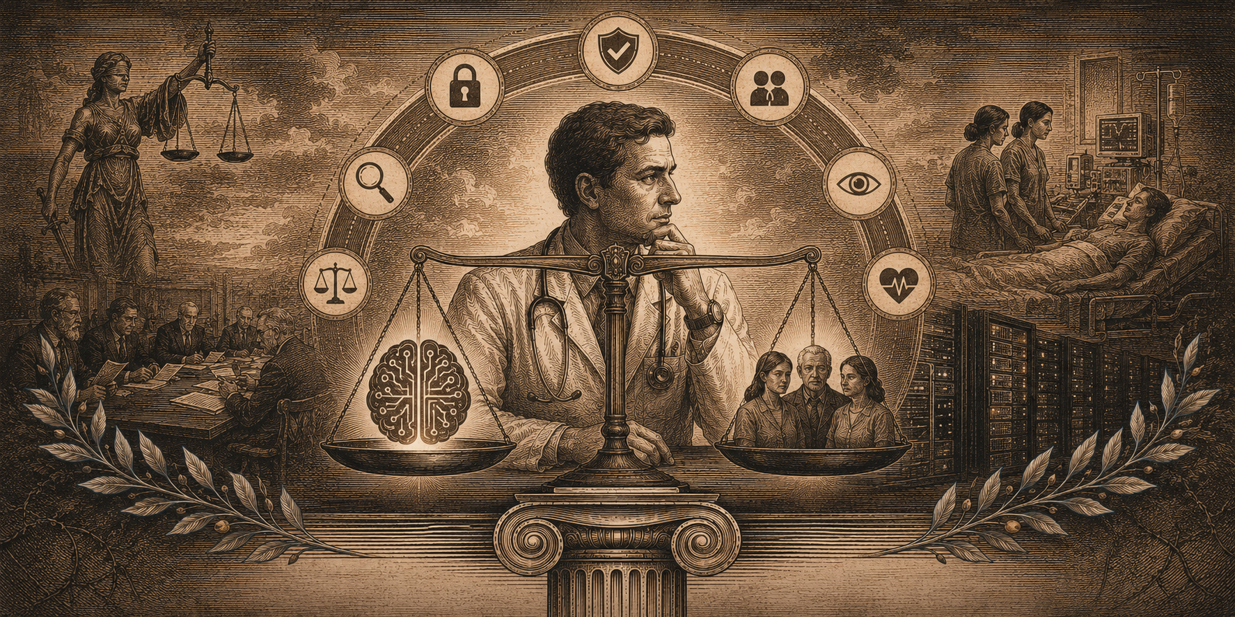 Editorial illustration about ethics, artificial intelligence, and clinical responsibility