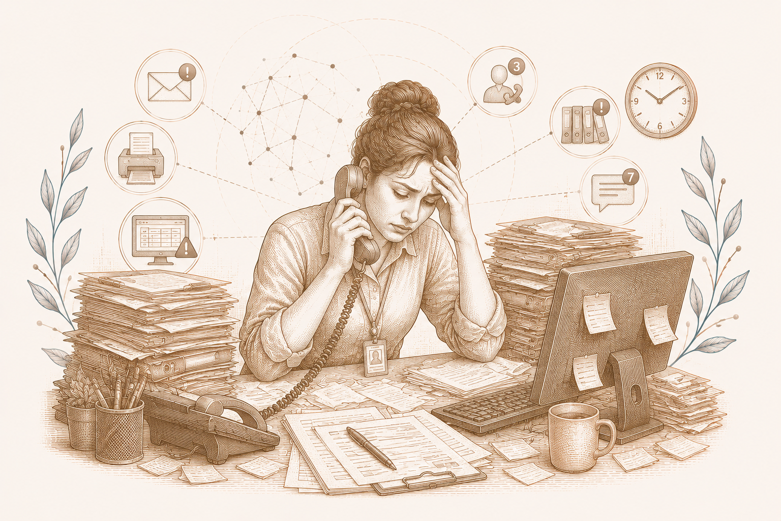 Ilustración editorial sobre gestión sanitaria, datos e inteligencia artificial