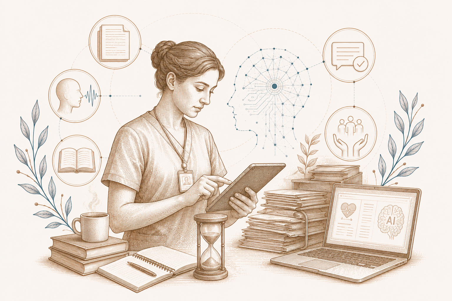 Editorial illustration about nursing, care, and artificial intelligence